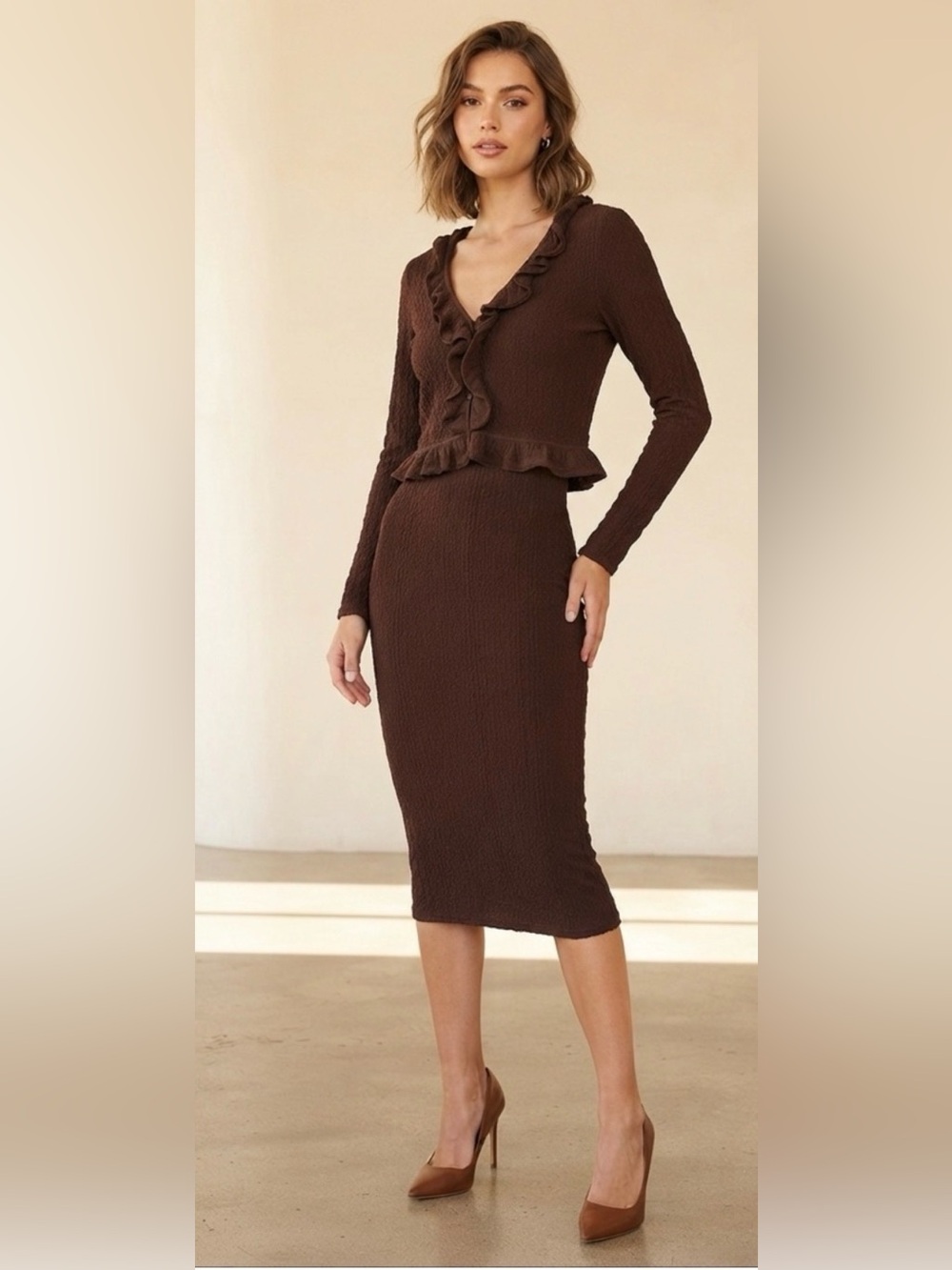 Willow & Wind Brown Ruffle Neck Long Sleeve Dress & Cardigan Set